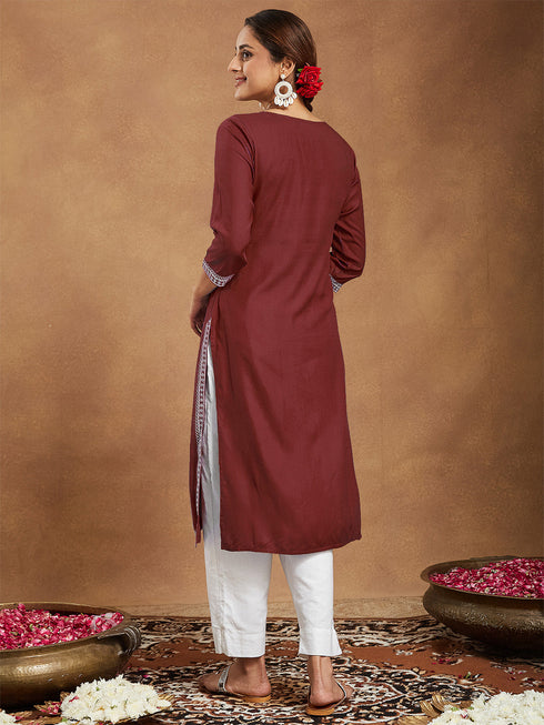 Janasya Women's Maroon Rayon Embroidered Straight Kurta